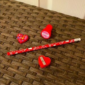 Valentine's Day pencil sharpener, eraser, stamp, and heart eraser set!
